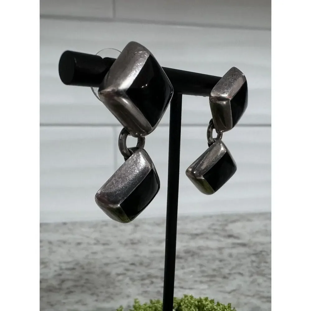 Vintage Sterling Silver Taxco Mexico Black Onyx Inlay Dangle Earrings